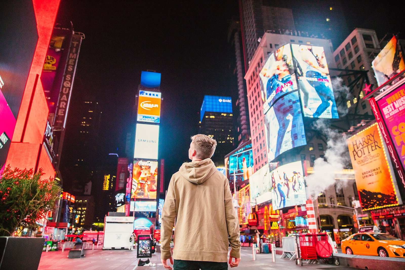 Times Square at night, media in motion